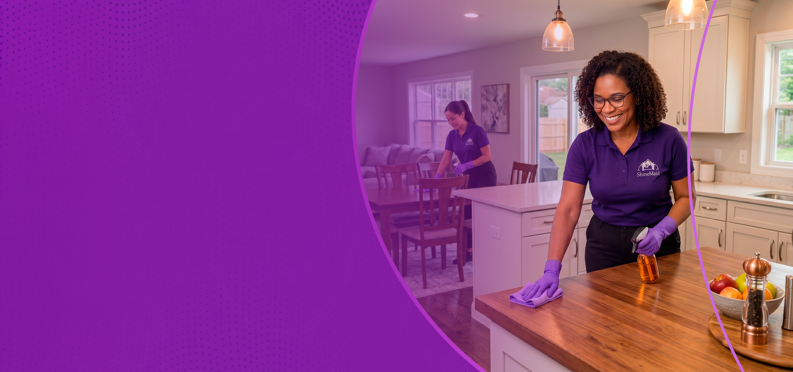 Shine Maid professional dusting a living room during a recurring visit