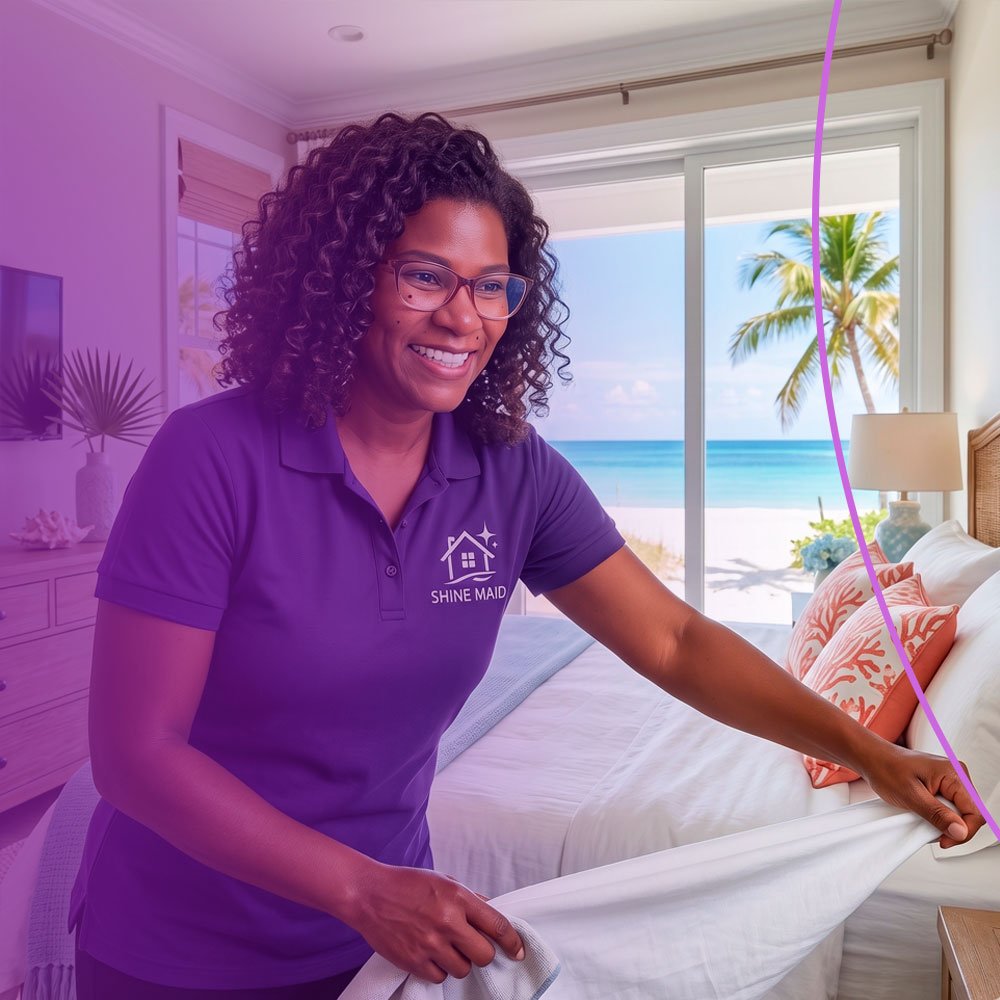 Shine Maid attendant preparing an Airbnb bedroom for the next guest
